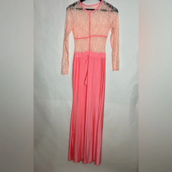 Vintage Sheer Lace Long Sleeve Maxi Dress Flamingo Pink Size Medium Romantic - Picture 4 of 10